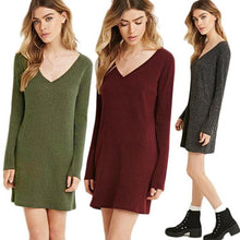 Fashion European Women Dress Long Sleeve V-Neck Jumper Slim Knit Dress Plus Size  J4U66
