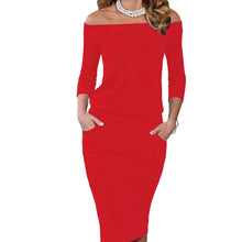 sexy women off shoulder bodycon dress slash neck long sleeve plus size dress pocket solid pencil dress J4U66