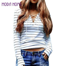 t-shirts women striped tie tops v neck lace up long sleeves pullovercasual top shirt white camisas femininas J4U66