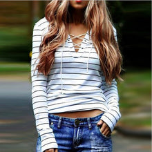 t-shirts women striped tie tops v neck lace up long sleeves pullovercasual top shirt white camisas femininas J4U66