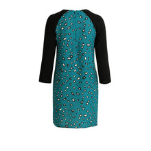 women blue leopard print dress contrast splicing zipper round neck tunique 3/4 sleeve mini straight dress J4U66