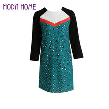 women blue leopard print dress contrast splicing zipper round neck tunique 3/4 sleeve mini straight dress J4U66
