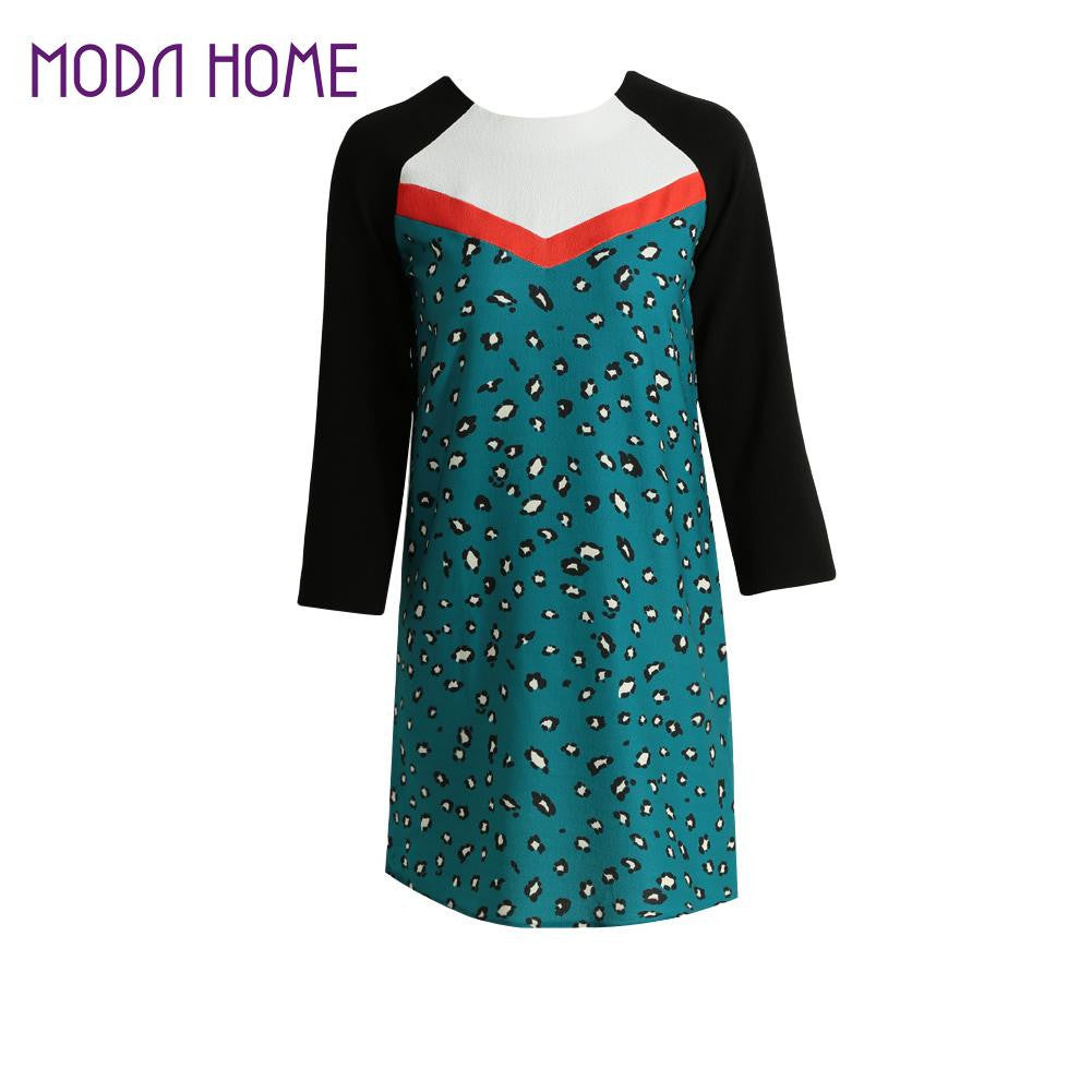 women blue leopard print dress contrast splicing zipper round neck tunique 3/4 sleeve mini straight dress J4U66