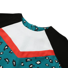women blue leopard print dress contrast splicing zipper round neck tunique 3/4 sleeve mini straight dress J4U66