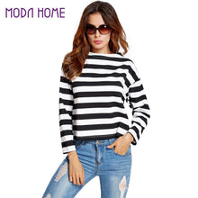 women long sleeve t-shirts slash neck black and white striped print crop tops ladies causal tee shirt femme J4U66
