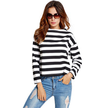 women long sleeve t-shirts slash neck black and white striped print crop tops ladies causal tee shirt femme J4U66