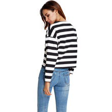 women long sleeve t-shirts slash neck black and white striped print crop tops ladies causal tee shirt femme J4U66