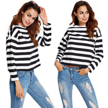 women long sleeve t-shirts slash neck black and white striped print crop tops ladies causal tee shirt femme J4U66