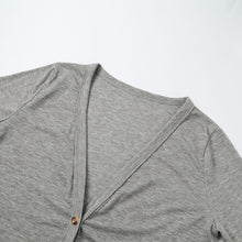 women loose jacket button down tunic shirt pocketed v neck long sleeves casual knitted long tees women grey J4U66