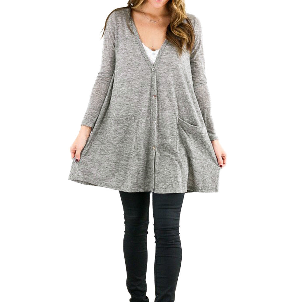 women loose jacket button down tunic shirt pocketed v neck long sleeves casual knitted long tees women grey J4U66