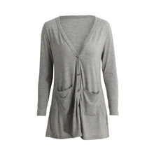 women loose jacket button down tunic shirt pocketed v neck long sleeves casual knitted long tees women grey J4U66
