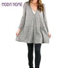 women loose jacket button down tunic shirt pocketed v neck long sleeves casual knitted long tees women grey J4U66