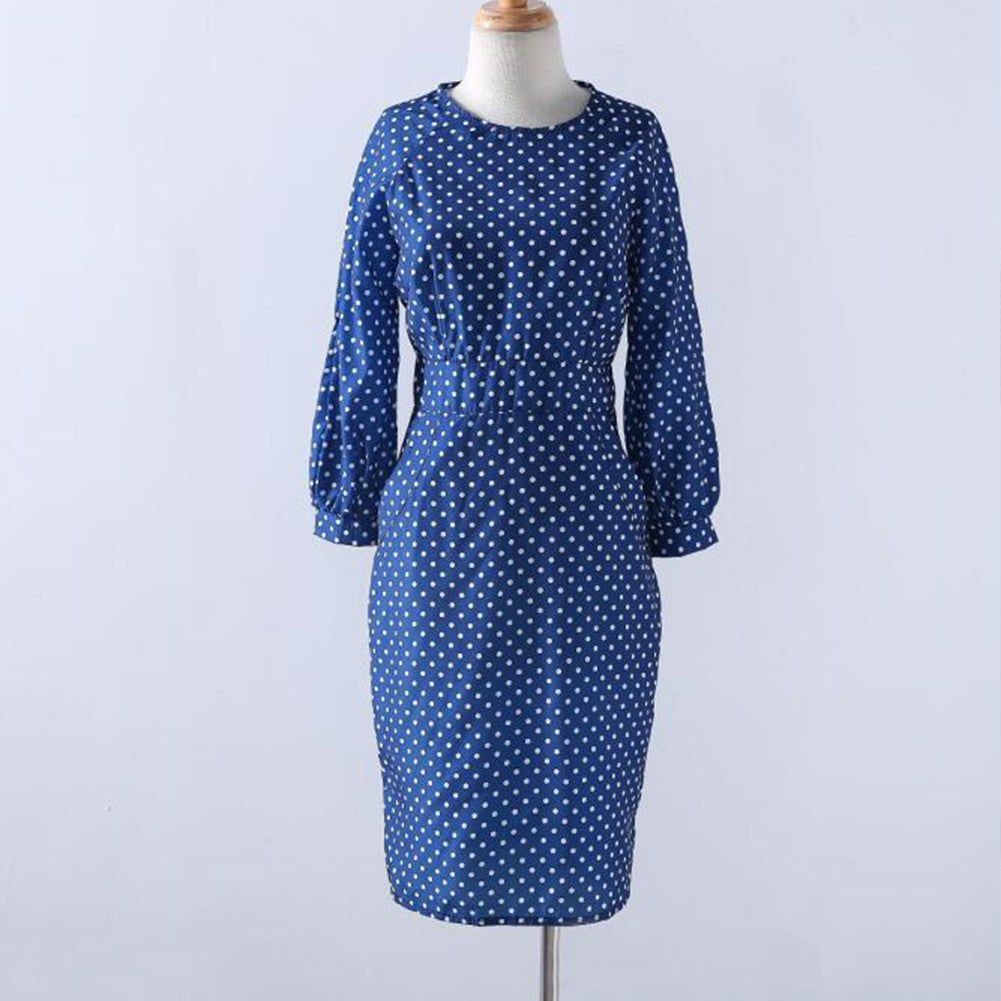 Polka Dots Print Dress Casual O-neck Lantern Sleeves Dress Elegant Bodycon Party Dress Vestidos J4U66