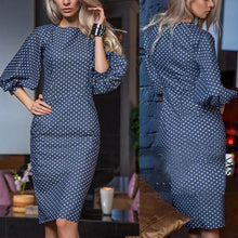 Polka Dots Print Dress Casual O-neck Lantern Sleeves Dress Elegant Bodycon Party Dress Vestidos J4U66