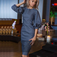 Polka Dots Print Dress Casual O-neck Lantern Sleeves Dress Elegant Bodycon Party Dress Vestidos J4U66