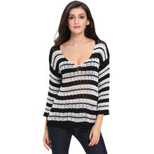 women striped knitted sweater lady long sleeve casual knitting pullover deep v neck oversize crochet tops J4U66