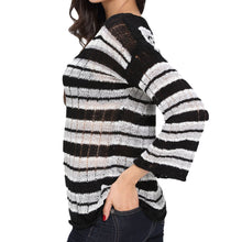 women striped knitted sweater lady long sleeve casual knitting pullover deep v neck oversize crochet tops J4U66
