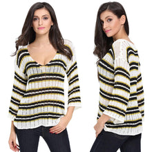 women striped knitted sweater lady long sleeve casual knitting pullover deep v neck oversize crochet tops J4U66