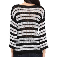 women striped knitted sweater lady long sleeve casual knitting pullover deep v neck oversize crochet tops J4U66