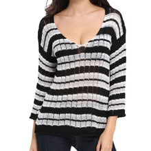 women striped knitted sweater lady long sleeve casual knitting pullover deep v neck oversize crochet tops J4U66