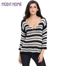 women striped knitted sweater lady long sleeve casual knitting pullover deep v neck oversize crochet tops J4U66