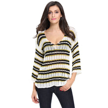 women striped knitted sweater lady long sleeve casual knitting pullover deep v neck oversize crochet tops J4U66