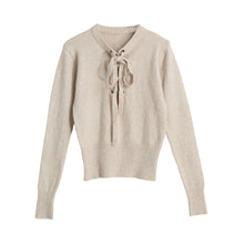women v neck knitted sweater bandage cross ties pullovercasual jumper knitwear top beige gray sweter mujer J4U66