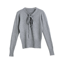 women v neck knitted sweater bandage cross ties pullovercasual jumper knitwear top beige gray sweter mujer J4U66