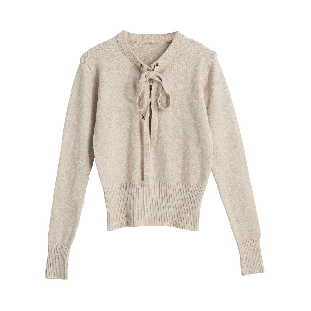 women v neck knitted sweater bandage cross ties pullovercasual jumper knitwear top beige gray sweter mujer J4U66