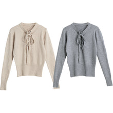women v neck knitted sweater bandage cross ties pullovercasual jumper knitwear top beige gray sweter mujer J4U66