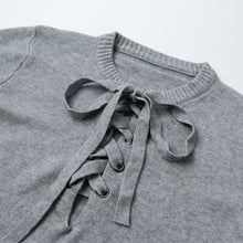 women v neck knitted sweater bandage cross ties pullovercasual jumper knitwear top beige gray sweter mujer J4U66