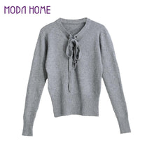 women v neck knitted sweater bandage cross ties pullovercasual jumper knitwear top beige gray sweter mujer J4U66