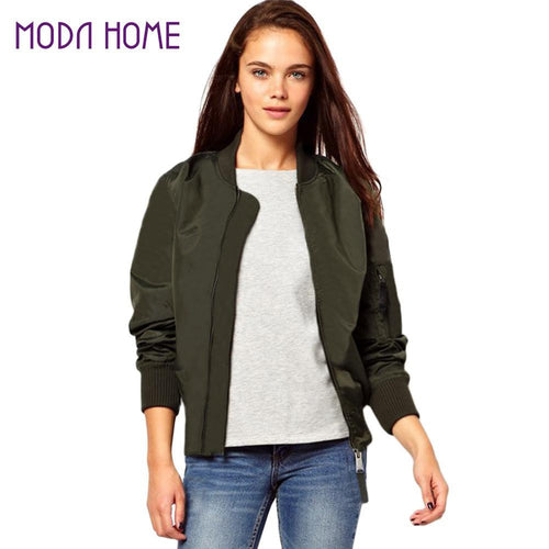 bomber women jacket slim short coat zipper vintage outerwear long sleeve women coat black army green J4U66