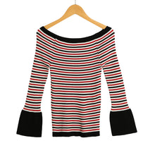 women knitted sweater striped slash neck flare sleeve high elastic pullover ladies slim tops knitwear J4U66