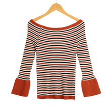 women knitted sweater striped slash neck flare sleeve high elastic pullover ladies slim tops knitwear J4U66