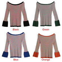 women knitted sweater striped slash neck flare sleeve high elastic pullover ladies slim tops knitwear J4U66