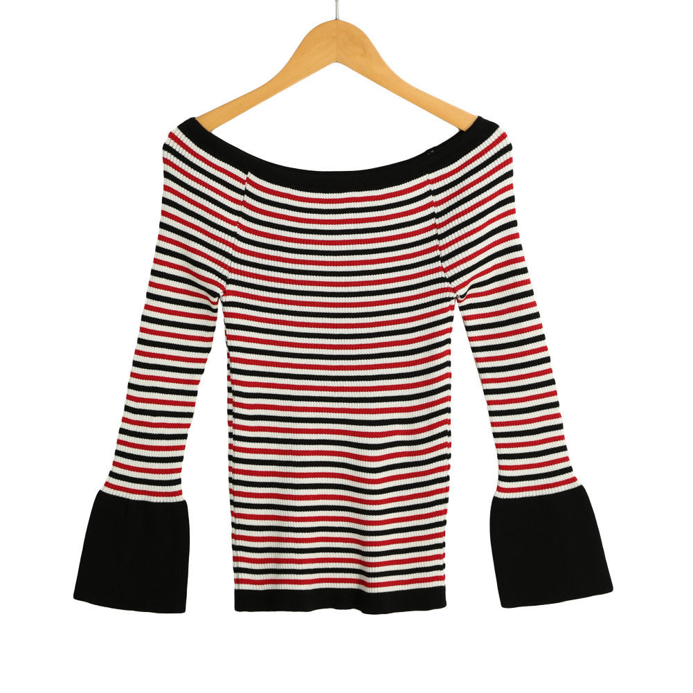 women knitted sweater striped slash neck flare sleeve high elastic pullover ladies slim tops knitwear J4U66