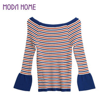 women knitted sweater striped slash neck flare sleeve high elastic pullover ladies slim tops knitwear J4U66