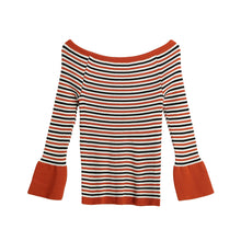 women knitted sweater striped slash neck flare sleeve high elastic pullover ladies slim tops knitwear J4U66