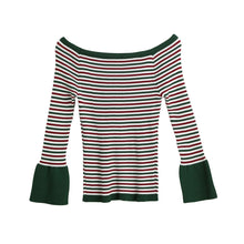 women knitted sweater striped slash neck flare sleeve high elastic pullover ladies slim tops knitwear J4U66