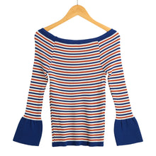 women knitted sweater striped slash neck flare sleeve high elastic pullover ladies slim tops knitwear J4U66