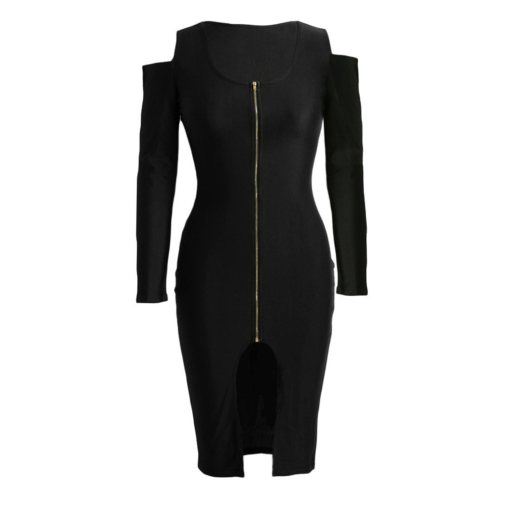 off the shoulder women bodycon dress front zip opening long sleeve fancy party dress club wear black royal blue red J4U66
