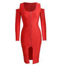 off the shoulder women bodycon dress front zip opening long sleeve fancy party dress club wear black royal blue red J4U66