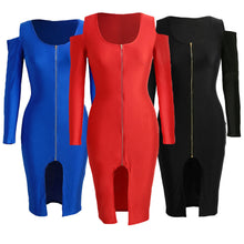 off the shoulder women bodycon dress front zip opening long sleeve fancy party dress club wear black royal blue red J4U66
