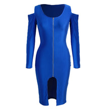 off the shoulder women bodycon dress front zip opening long sleeve fancy party dress club wear black royal blue red J4U66