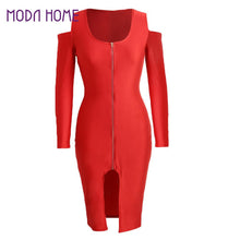 off the shoulder women bodycon dress front zip opening long sleeve fancy party dress club wear black royal blue red J4U66