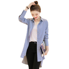 vertical striped women blouse casual shirts streetwear  long sleeve women tops blue J4U66