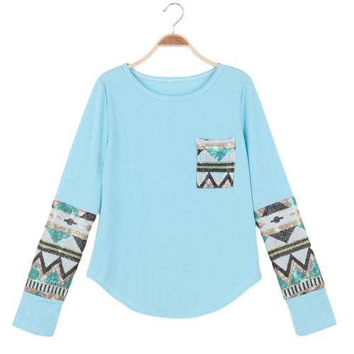 casual t-shirts women geometry print sequin patchwork pocket tee round neck long sleeve women tops plus size J4U66