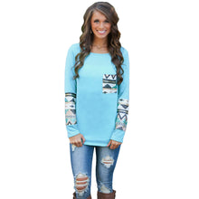 casual t-shirts women geometry print sequin patchwork pocket tee round neck long sleeve women tops plus size J4U66