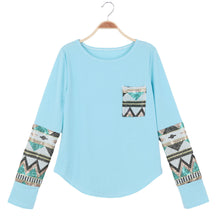 casual t-shirts women geometry print sequin patchwork pocket tee round neck long sleeve women tops plus size J4U66